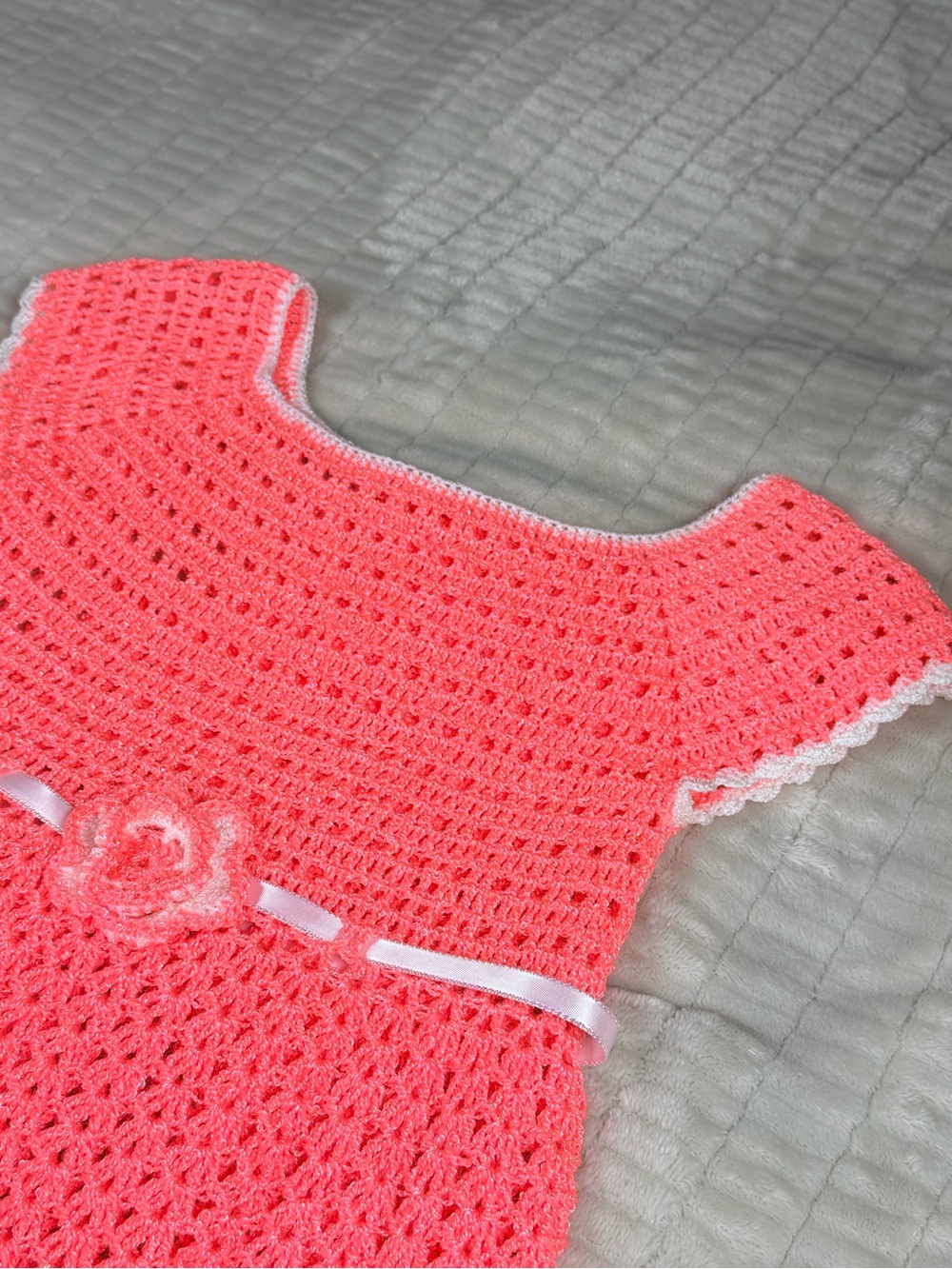 Handmade Crochet Girls Dress Pink Coral Cottagecore Heirloom Flower Ribbon - Picture 5 of 12